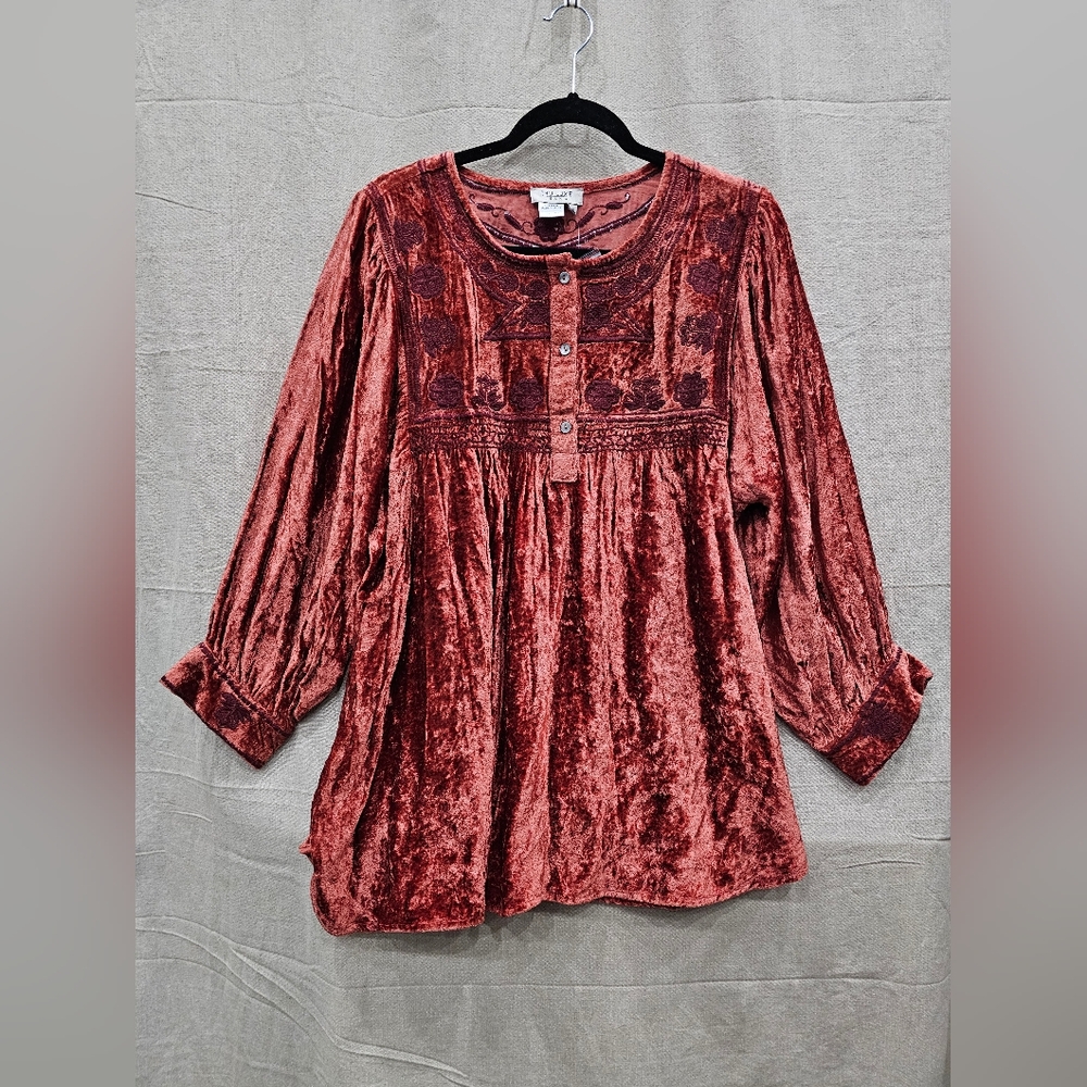 Tru Luxe Jeans Tonal Embroidered Velvet Dark Spice Color Blouse Size XL NWT